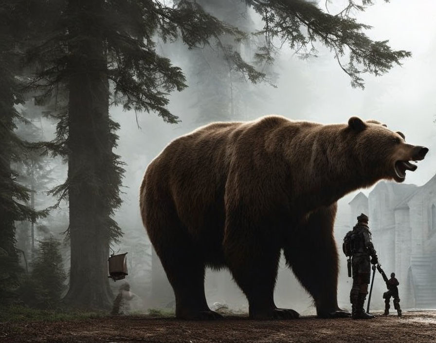 Giant bear, human, child, robot, and small figure in misty forest