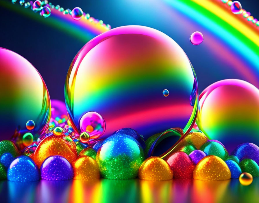 Colorful Water Droplets and Spheres Reflecting Rainbow Gradient on Dark Background