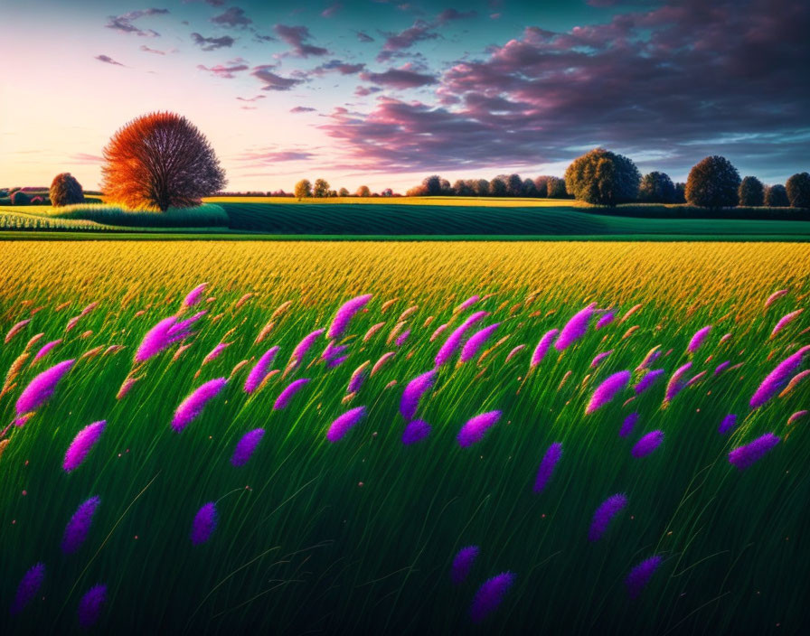 Lavender flowers and green fields under dramatic sunset sky