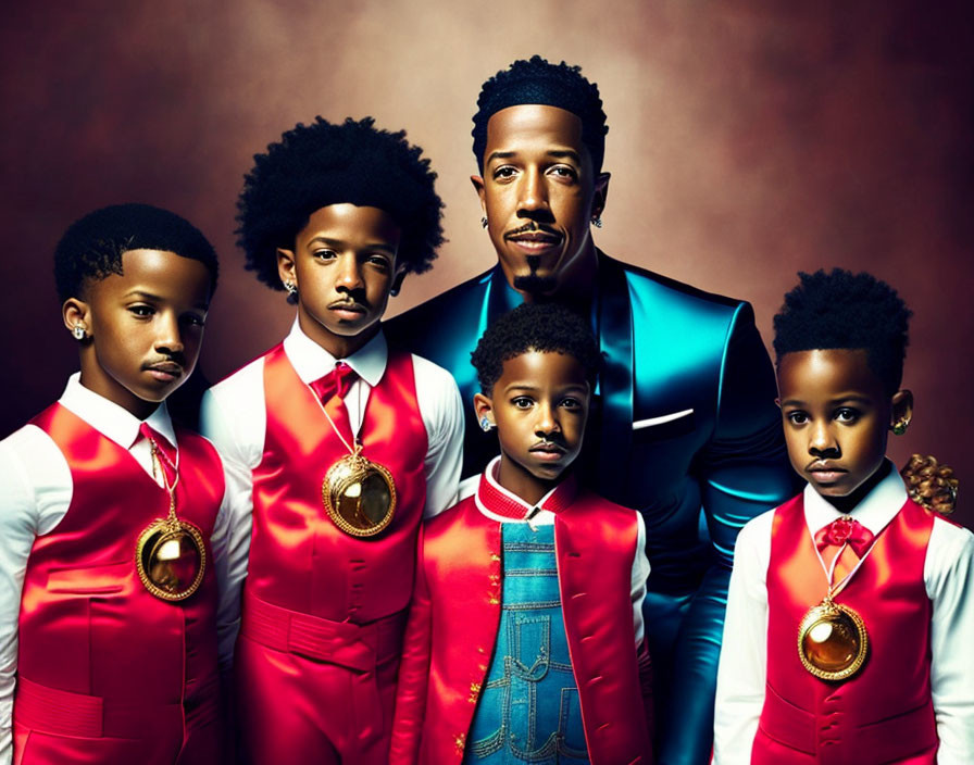 Four individuals in formal attire with gold medals on maroon background