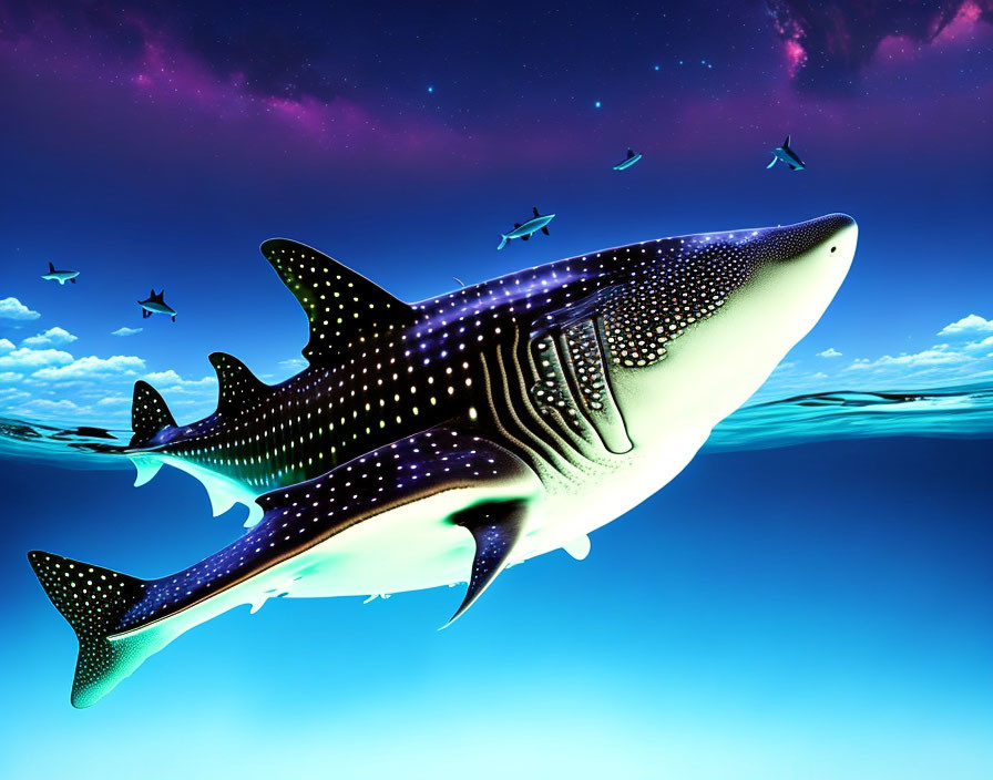 Whale shark swimming with small fish in surreal ocean scene