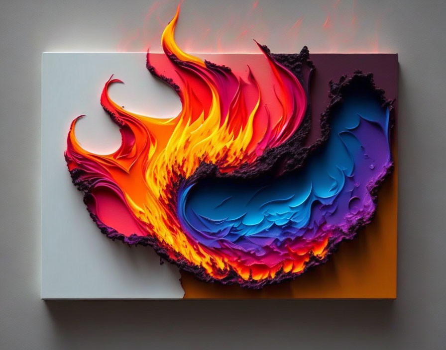 Colorful 3D artwork with fiery flames transitioning to cool hues