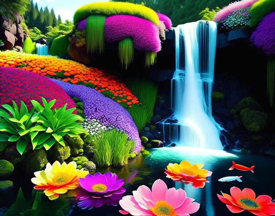 Colorful waterfall scene with oversized flowers, moss, and koi fish