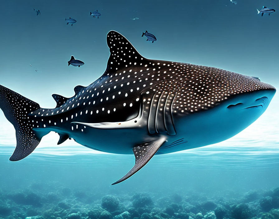 Majestic whale shark swimming with smaller fish in clear blue ocean waters