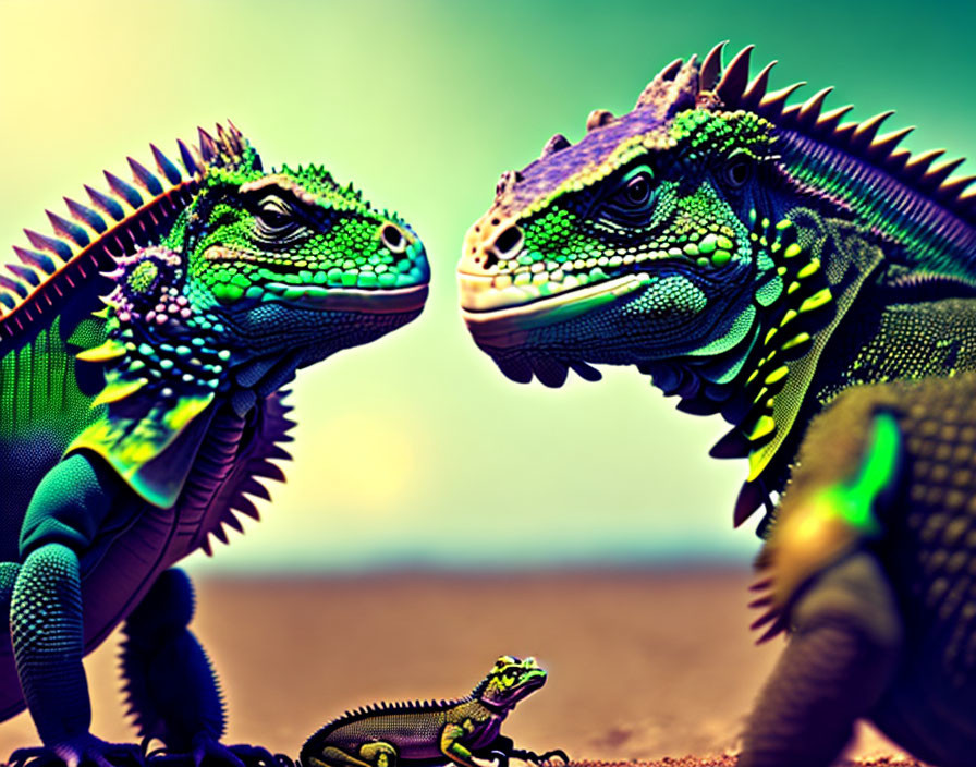 Colorful Sky: Vibrant Iguanas Confront Each Other