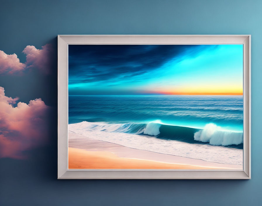 Vibrant seascape with crashing waves on shore against blue-orange sky on wall.