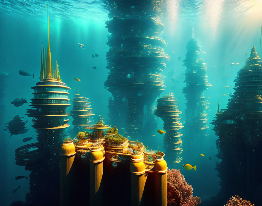 Futuristic underwater city with towering structures and schools of fish in sunlight.