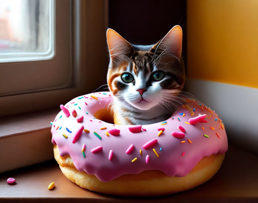 Cat with head in pink sprinkle doughnut on window sill