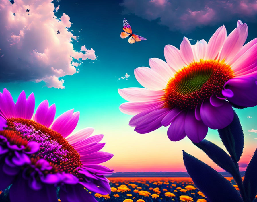 Pink flowers and butterfly in sunset sky with fluffy clouds.