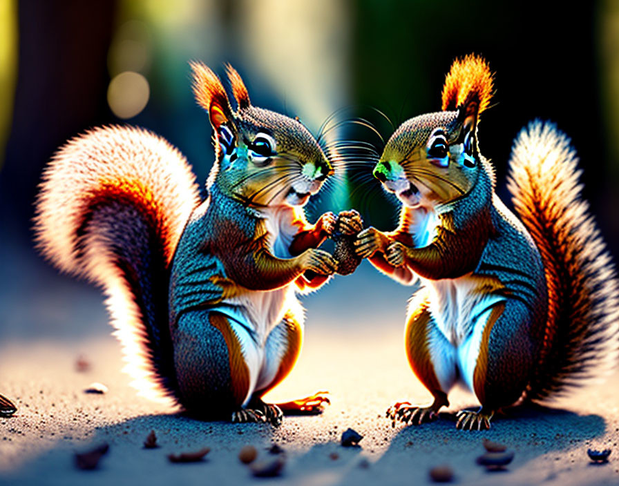 Two squirrels holding hands on a sunny day with scattered nuts.