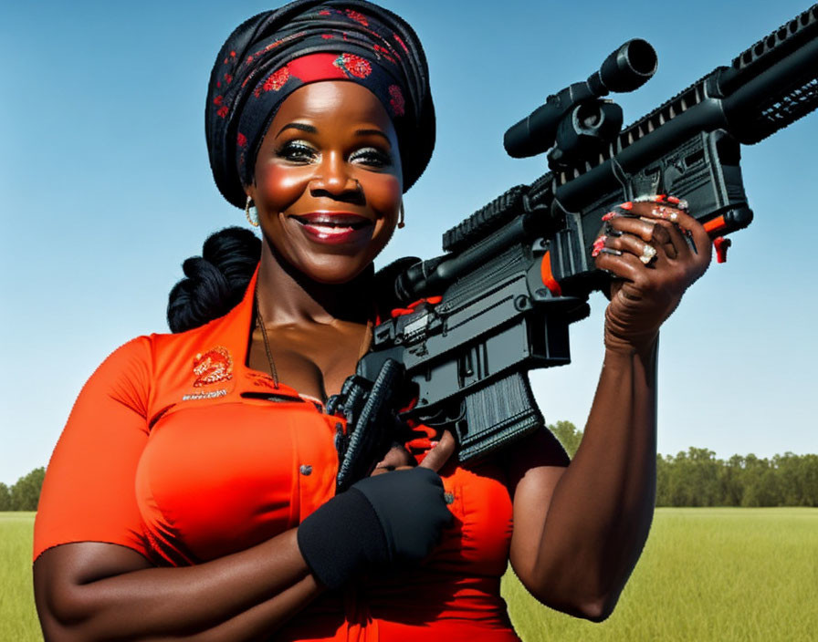 Smiling woman in red and black outfit with rifle in nature