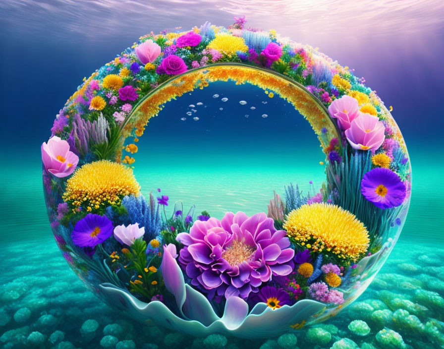 Colorful underwater floral arrangement with bubbles on teal background