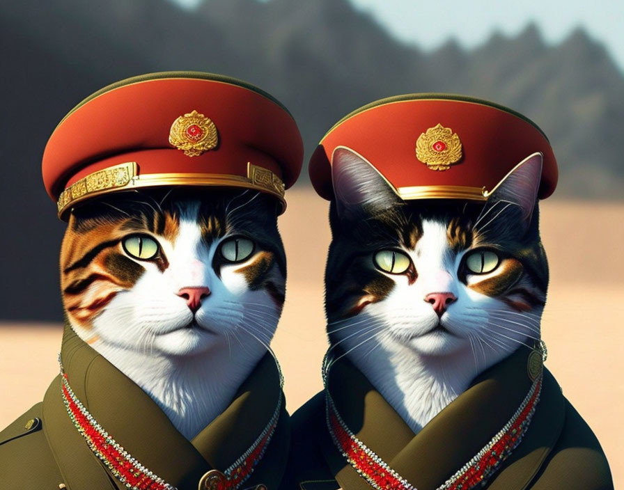 Military-themed cats with human-like expressions in desert setting