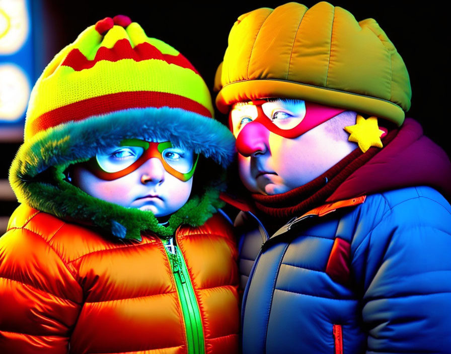 Colorful Cartoon Characters in Winter Clothing Look Concerned