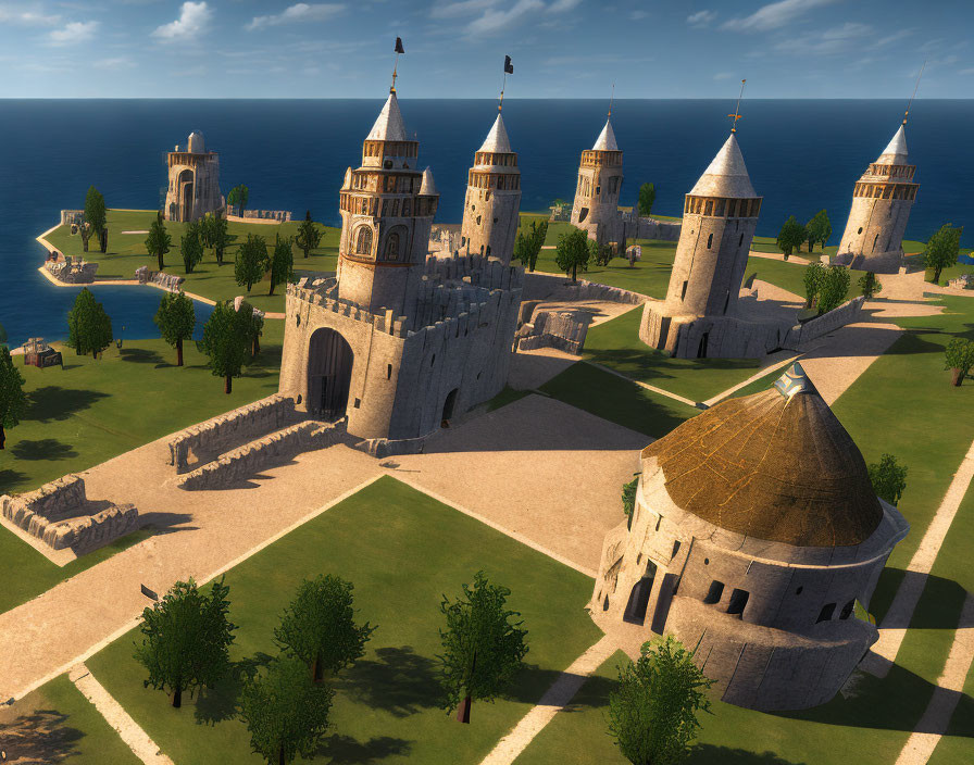 Medieval castle with towers, keep, and walls by calm sea and green landscape