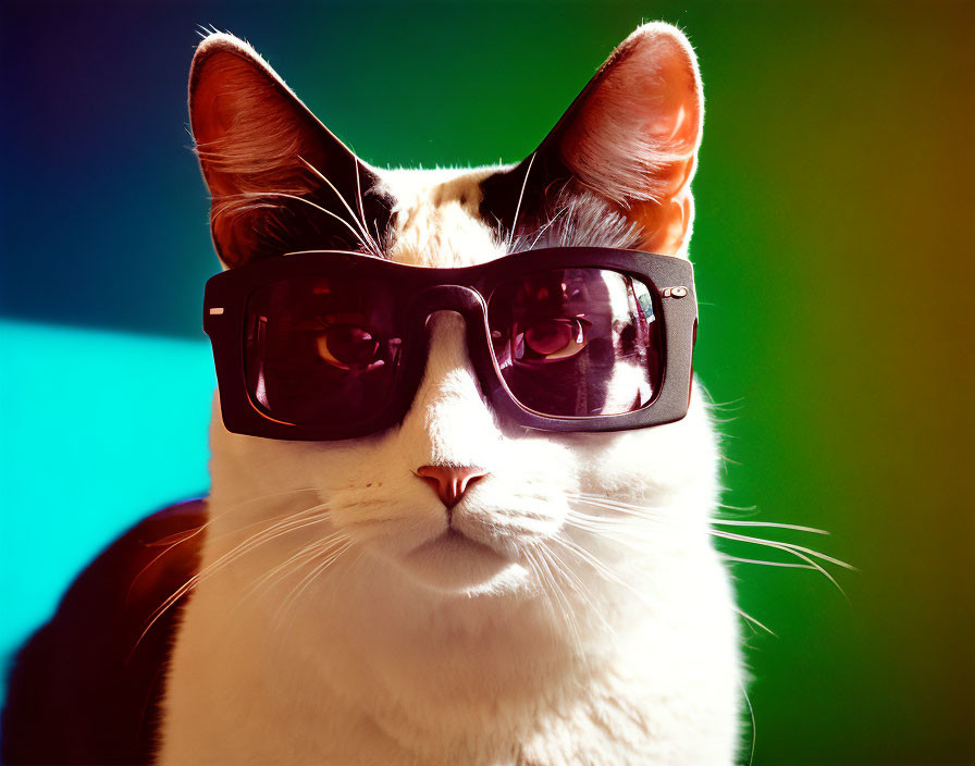 Black and white cat in oversized sunglasses on vibrant green and blue backdrop