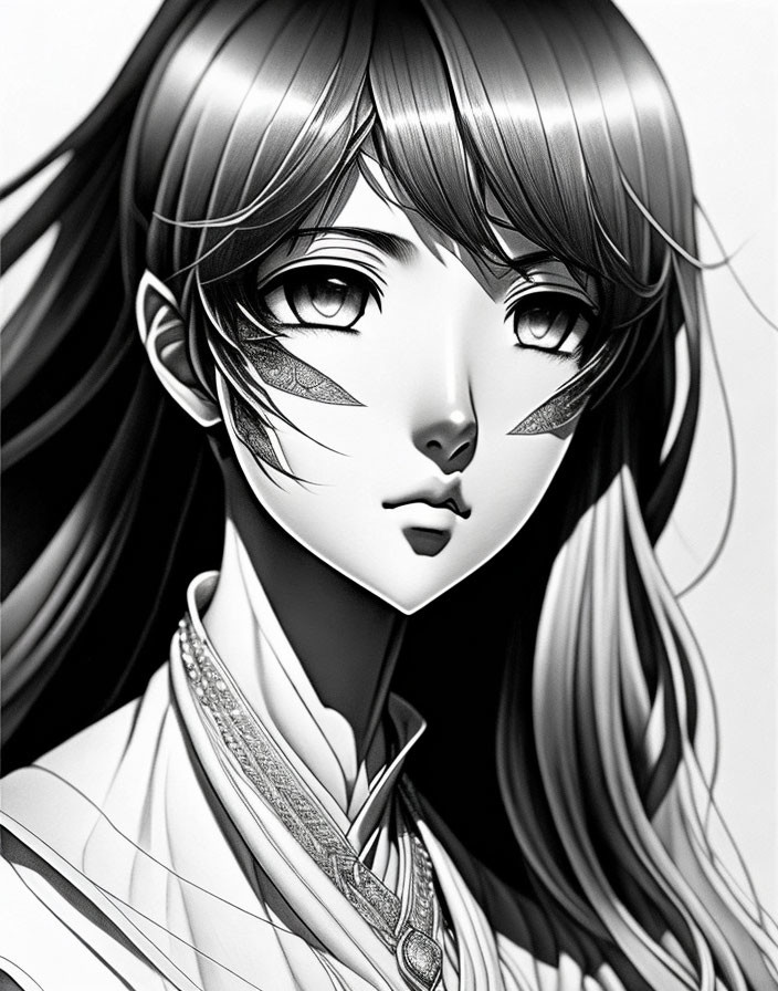 Detailed black and white illustration of young woman with expressive eyes and high-collared jacket