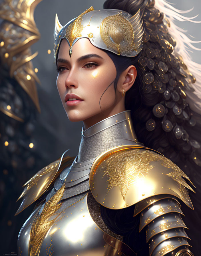 Serene woman in golden helmet and armor gazes off-camera