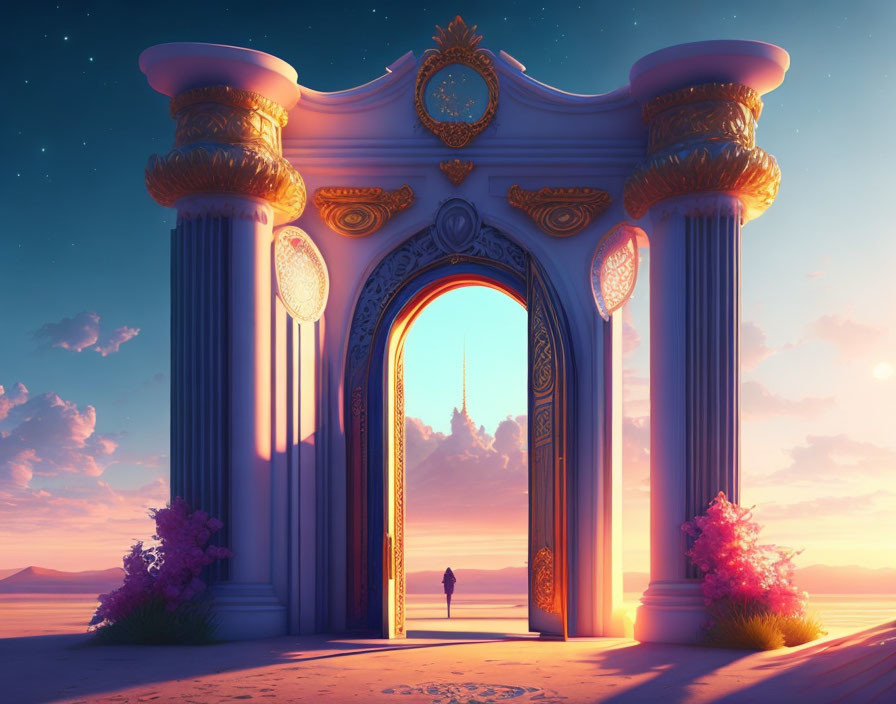 Person standing at ornate gateway under radiant sunset sky