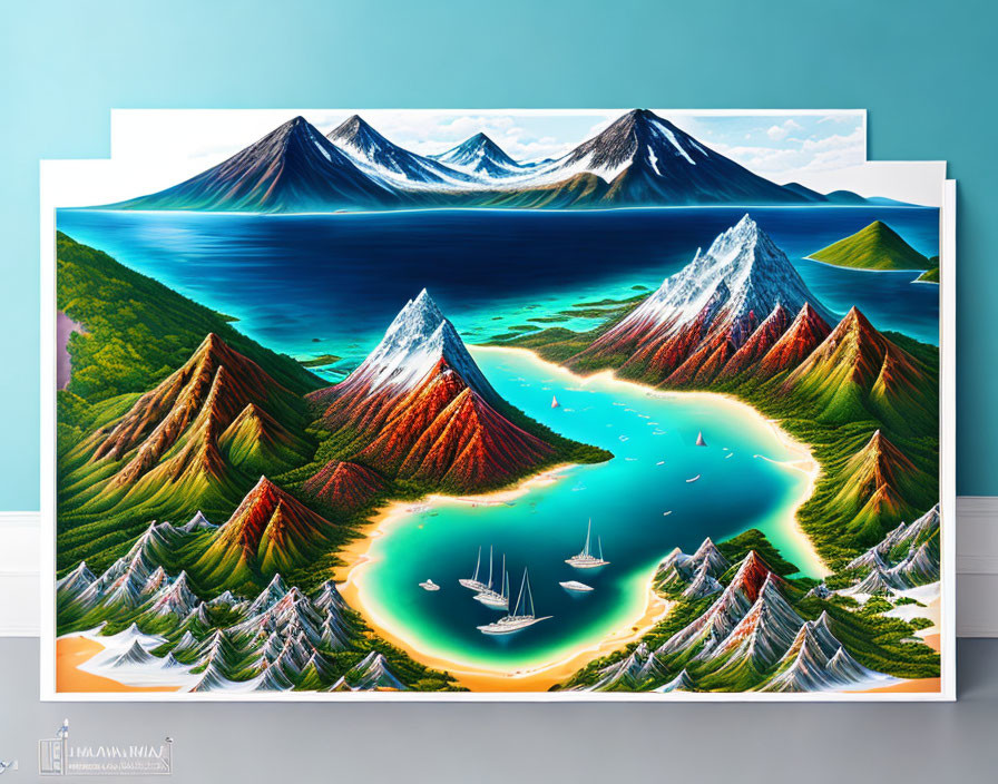 Multicolored mountains and crystal blue lake in serene landscape