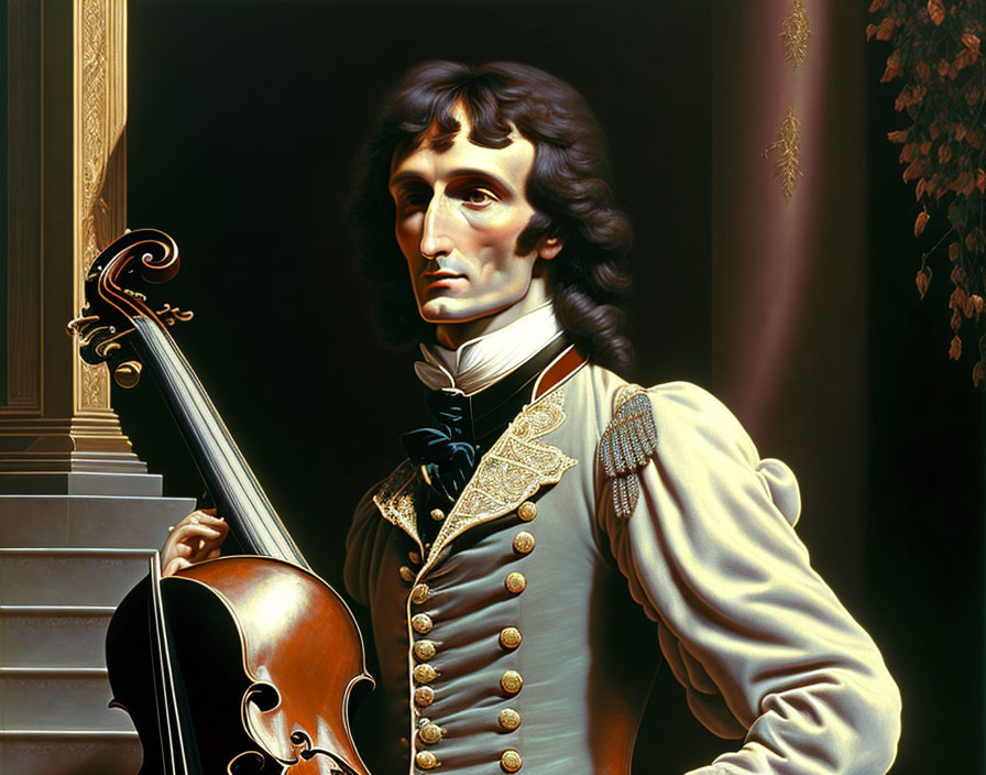 Historical man portrait with violin in classical setting