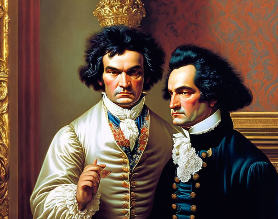 Two men in historical clothing, one in white jacket with ornate decorations, the other in dark high