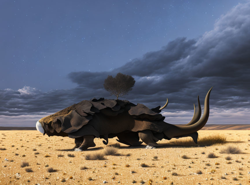 Giant tortoise with tree on back in desert under starry sky