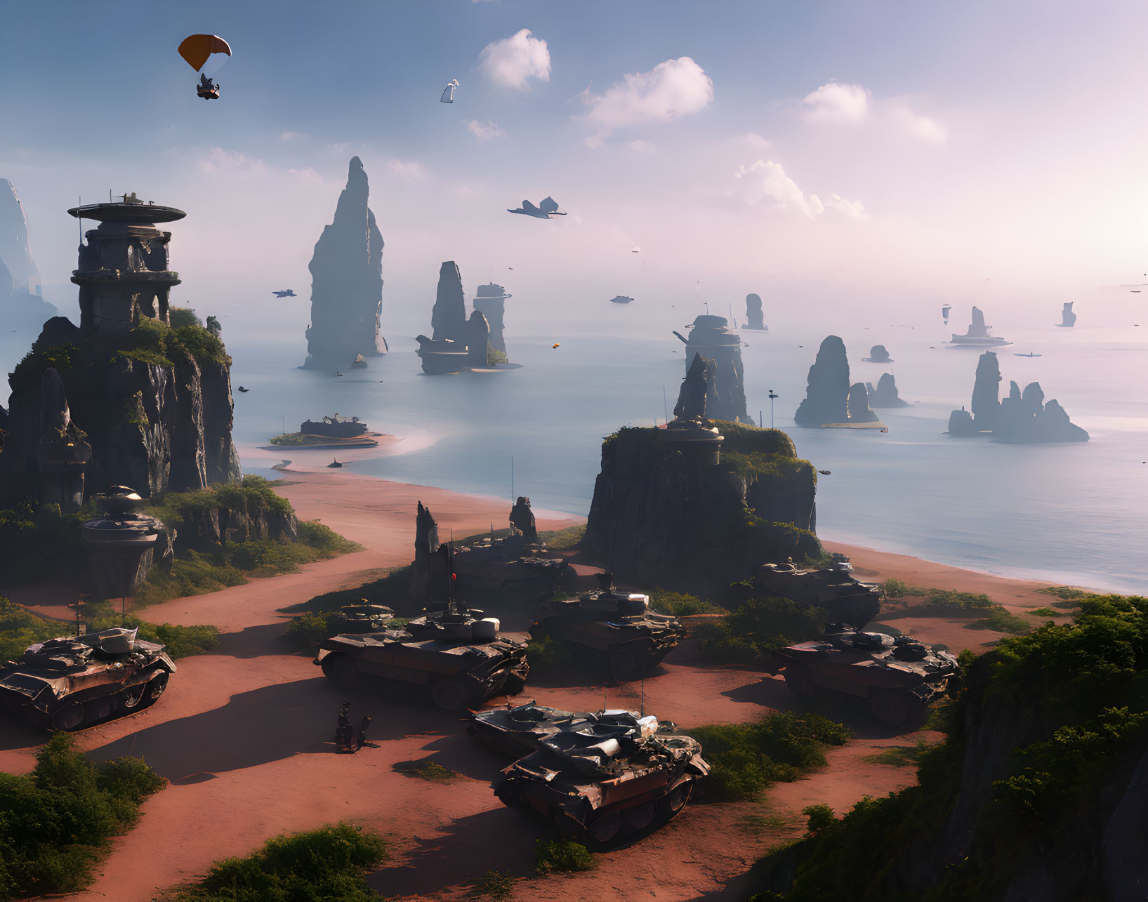 Futuristic sci-fi landscape with floating islands and buildings at sunrise