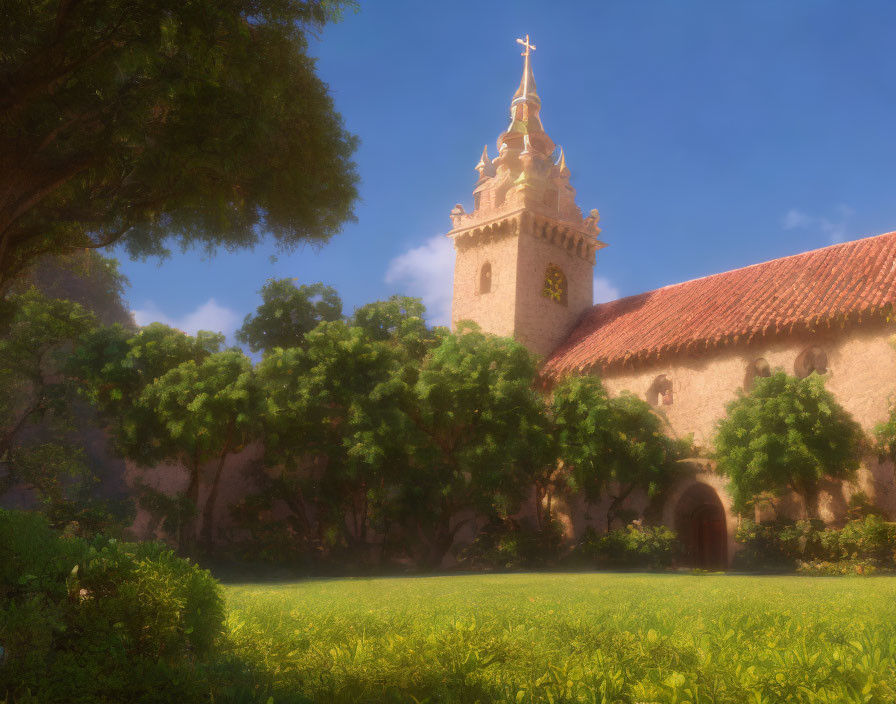 Idyllic church with spire surrounded by lush greenery in warm light