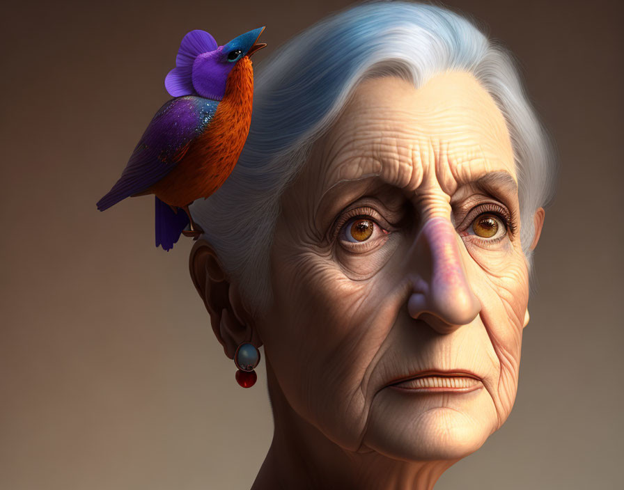 Elderly woman with pale blue hair and bird on nose against neutral backdrop