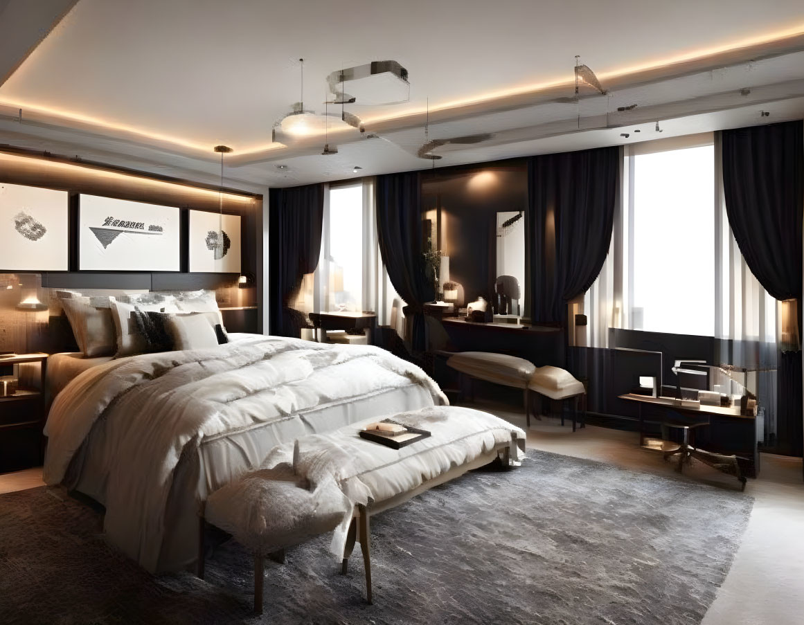 Contemporary bedroom with large bed, dark walls, desk area, and cozy lighting.