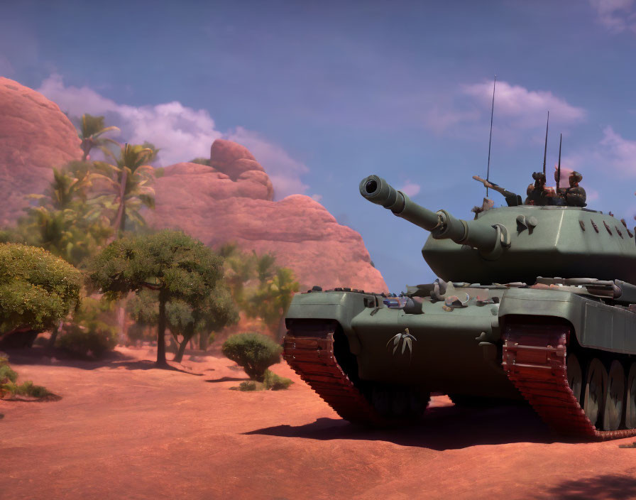 Red-tracked military tank in desert landscape with rock formations