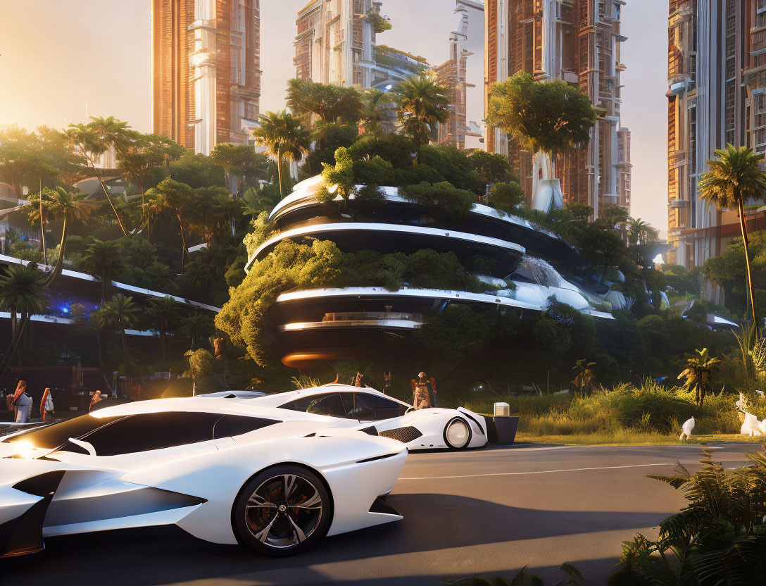 Futuristic cityscape with high-rise buildings, white car, and tree-covered structure