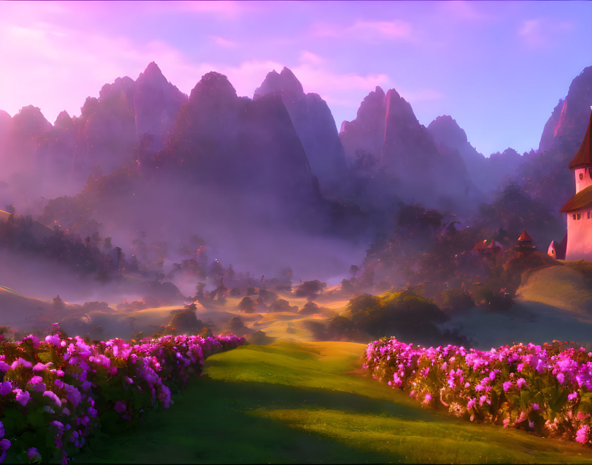 Serene misty sunrise in lush valley with purple flowers, winding path, and quaint cottage