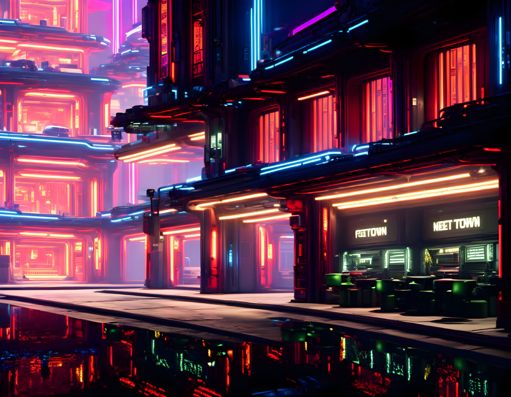 Futuristic neon-lit cityscape with towering buildings and glowing signs