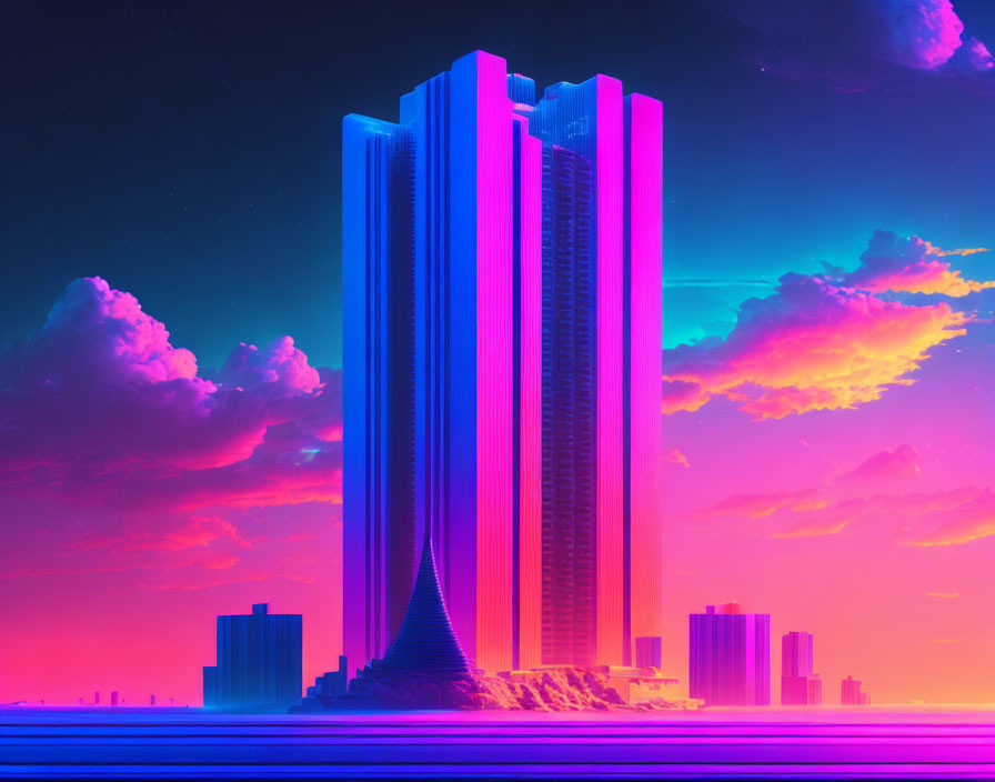 Vibrant pink and blue sky with glowing futuristic skyscrapers