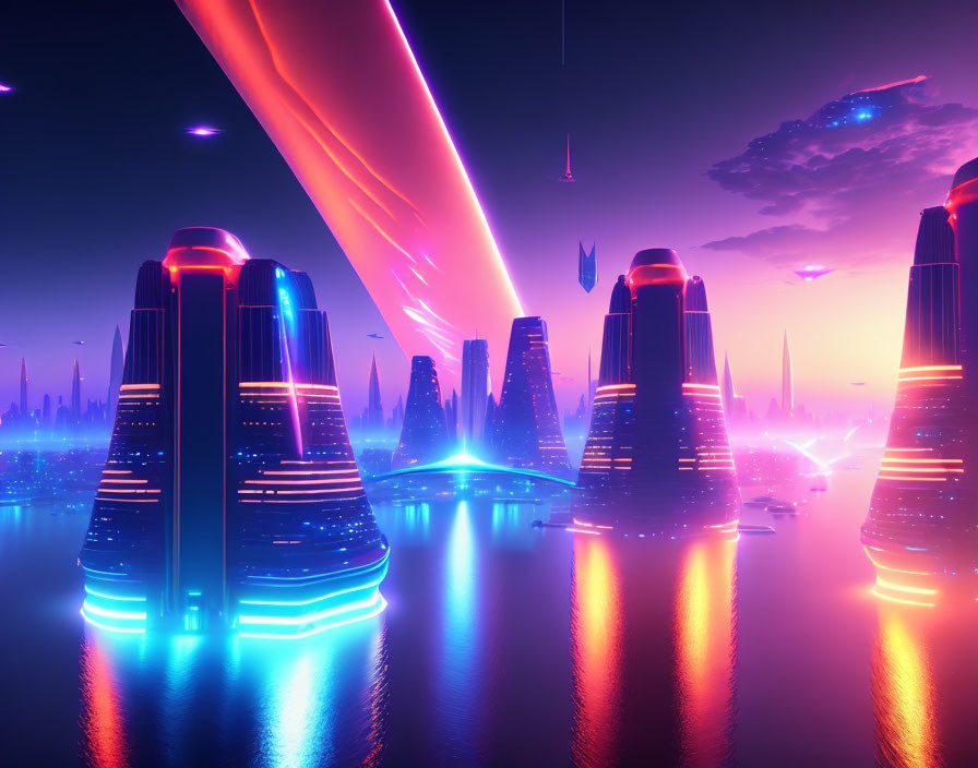 Futuristic cityscape at dusk: neon lights, skyscrapers, flying vehicles