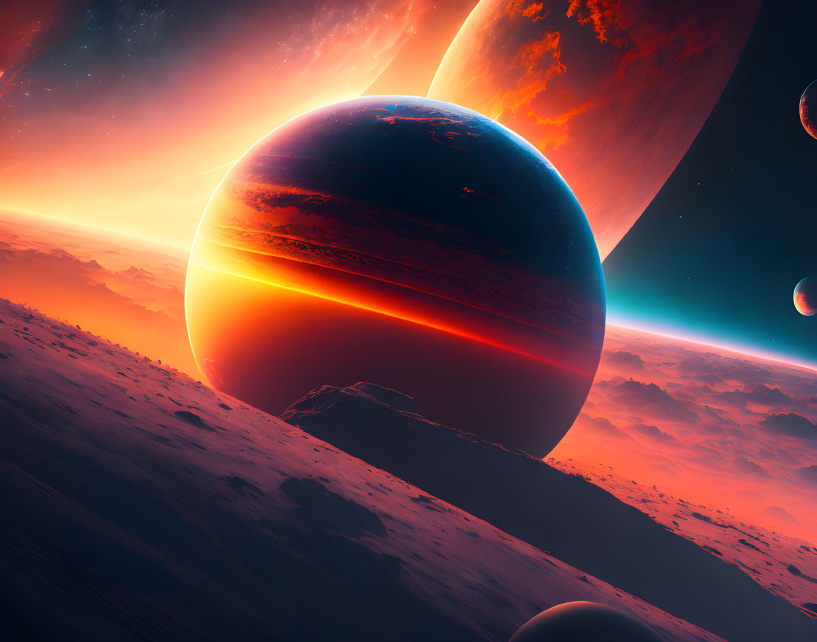 Vibrant planets over alien landscape in surreal space scene