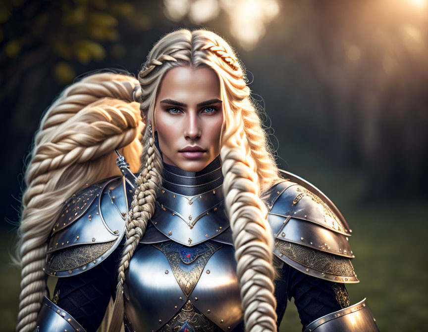 Medieval armor-clad woman with braided hair in mystical forest.