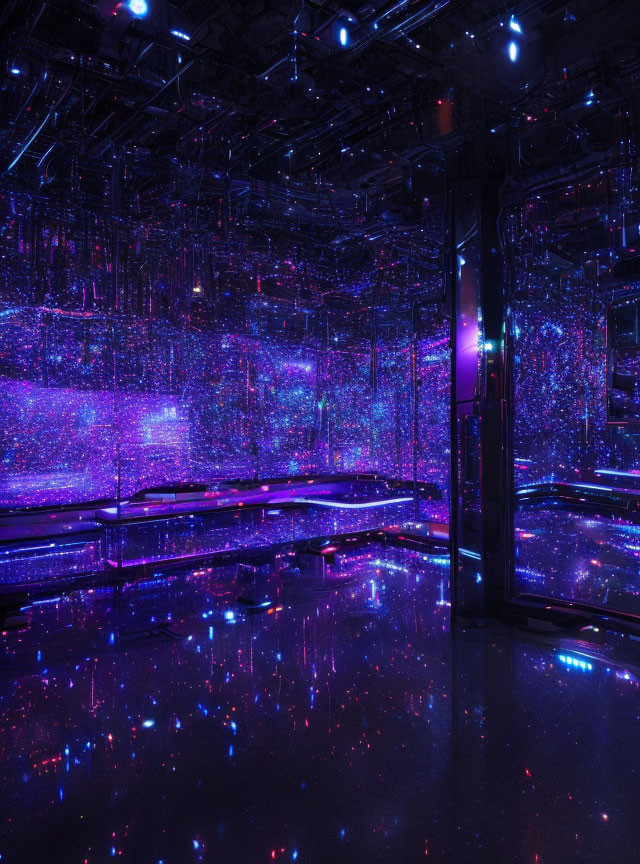 Cosmic-themed room with blue and purple lights