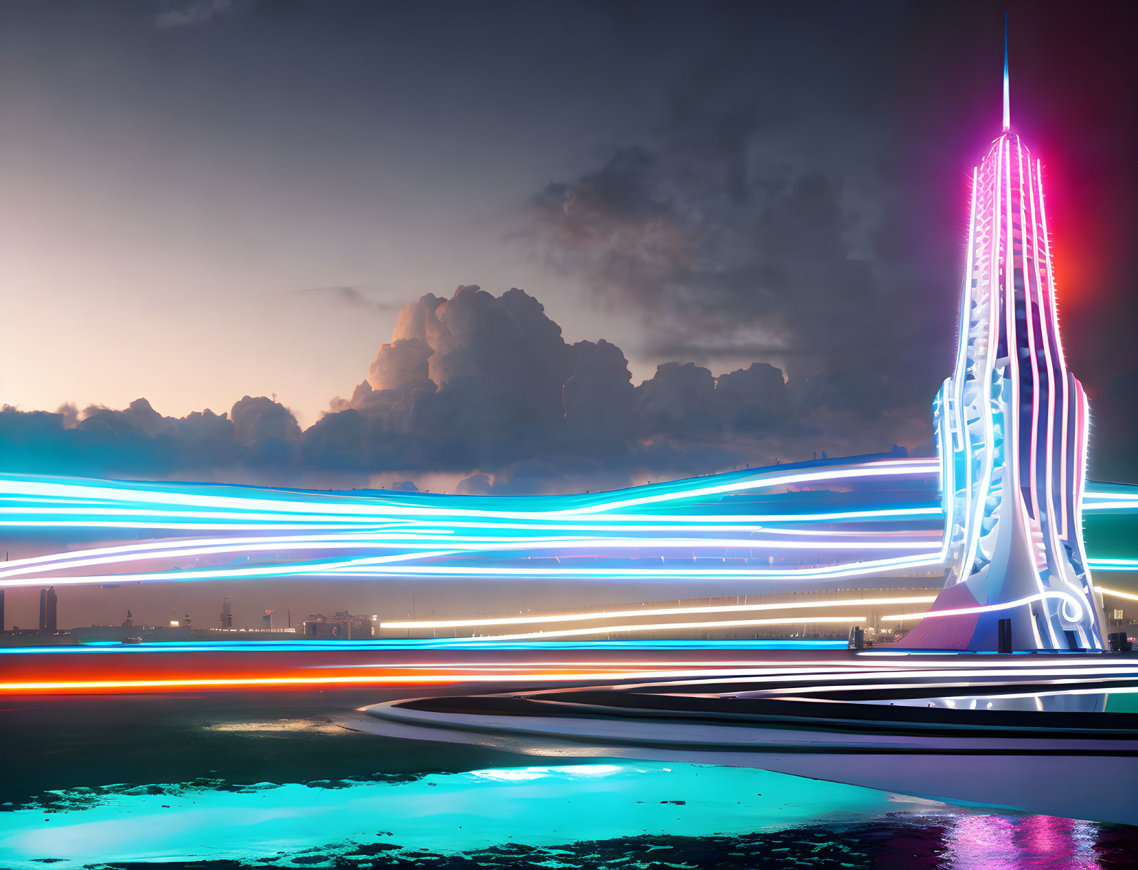 Sleek tower in futuristic cityscape with neon lights and light trails