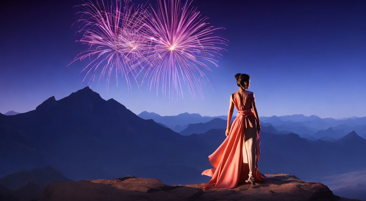 Woman in elegant dress watching purple fireworks on mountain at twilight