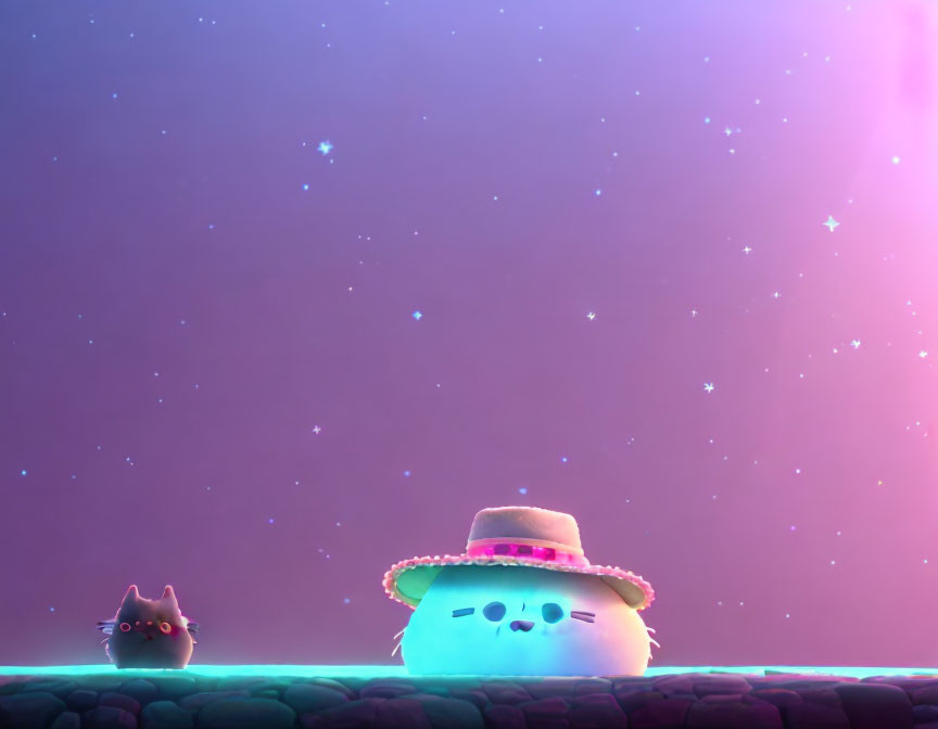 Cat and cloud animated characters under starry sky with pink and purple aurora