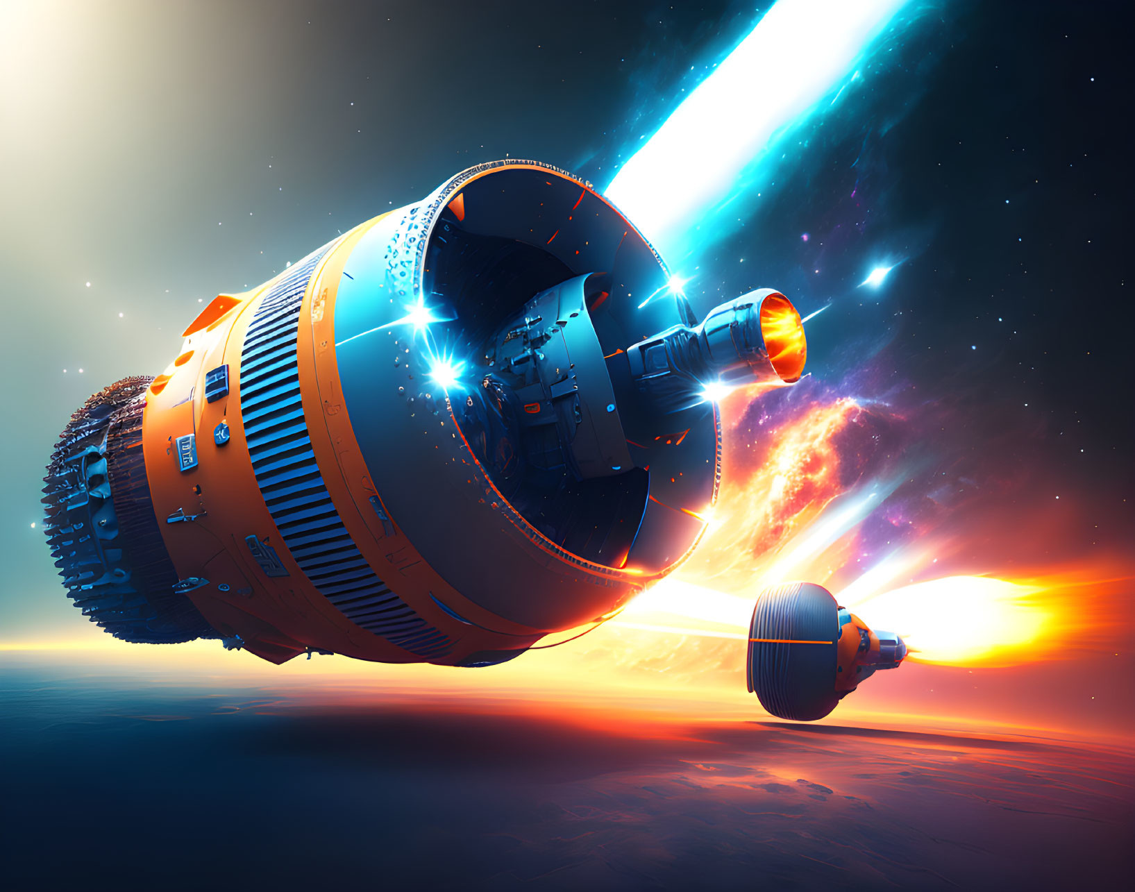 Futuristic spacecraft entering planet's atmosphere with blue and orange highlights