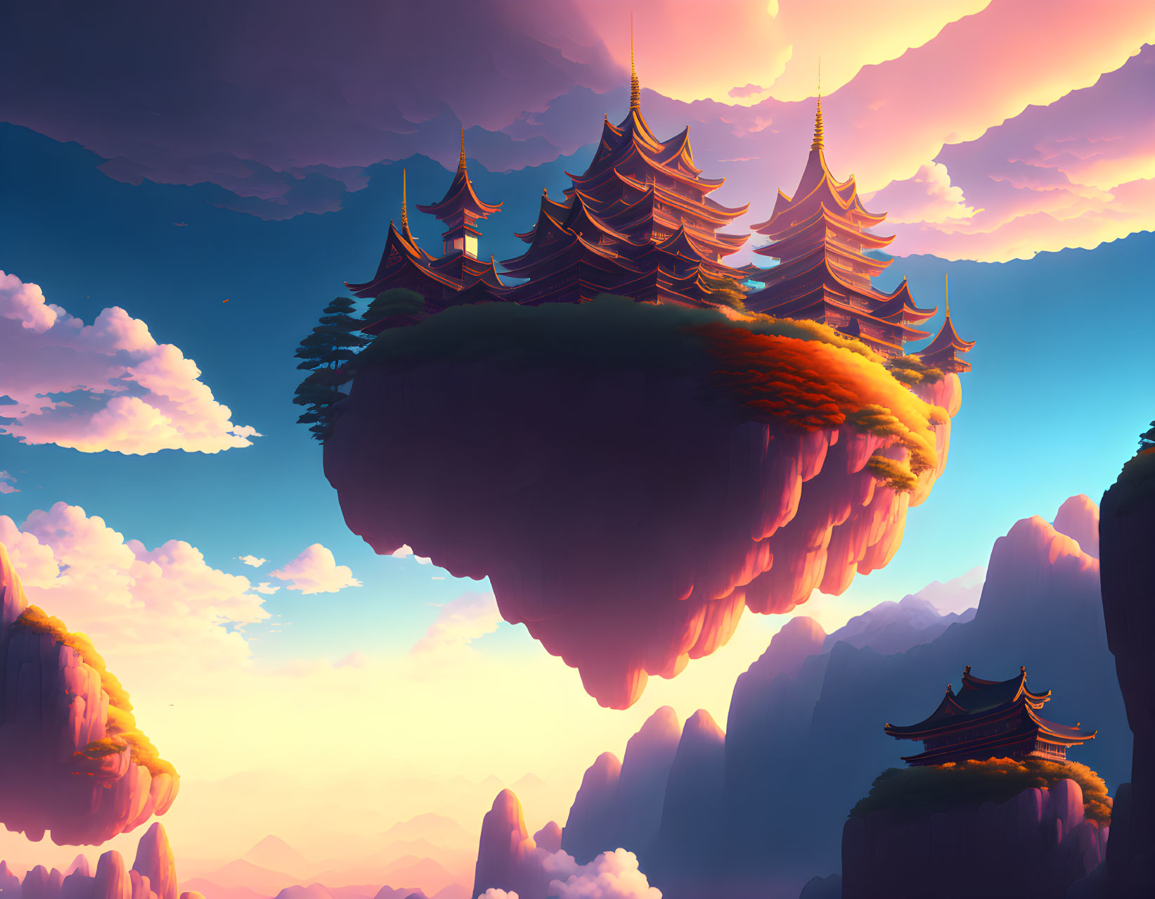 Fantastical Floating Islands with Asian Pagodas in Sunset Sky