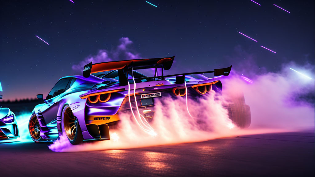 Modified sports car with vibrant wrap and neon underglow emitting smoke in night sky