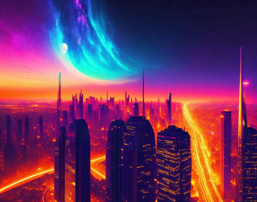 Futuristic cityscape at sunset with neon lights and galaxy swirl