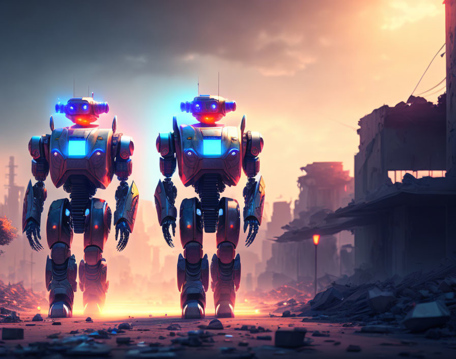 Futuristic robots in post-apocalyptic city at sunset