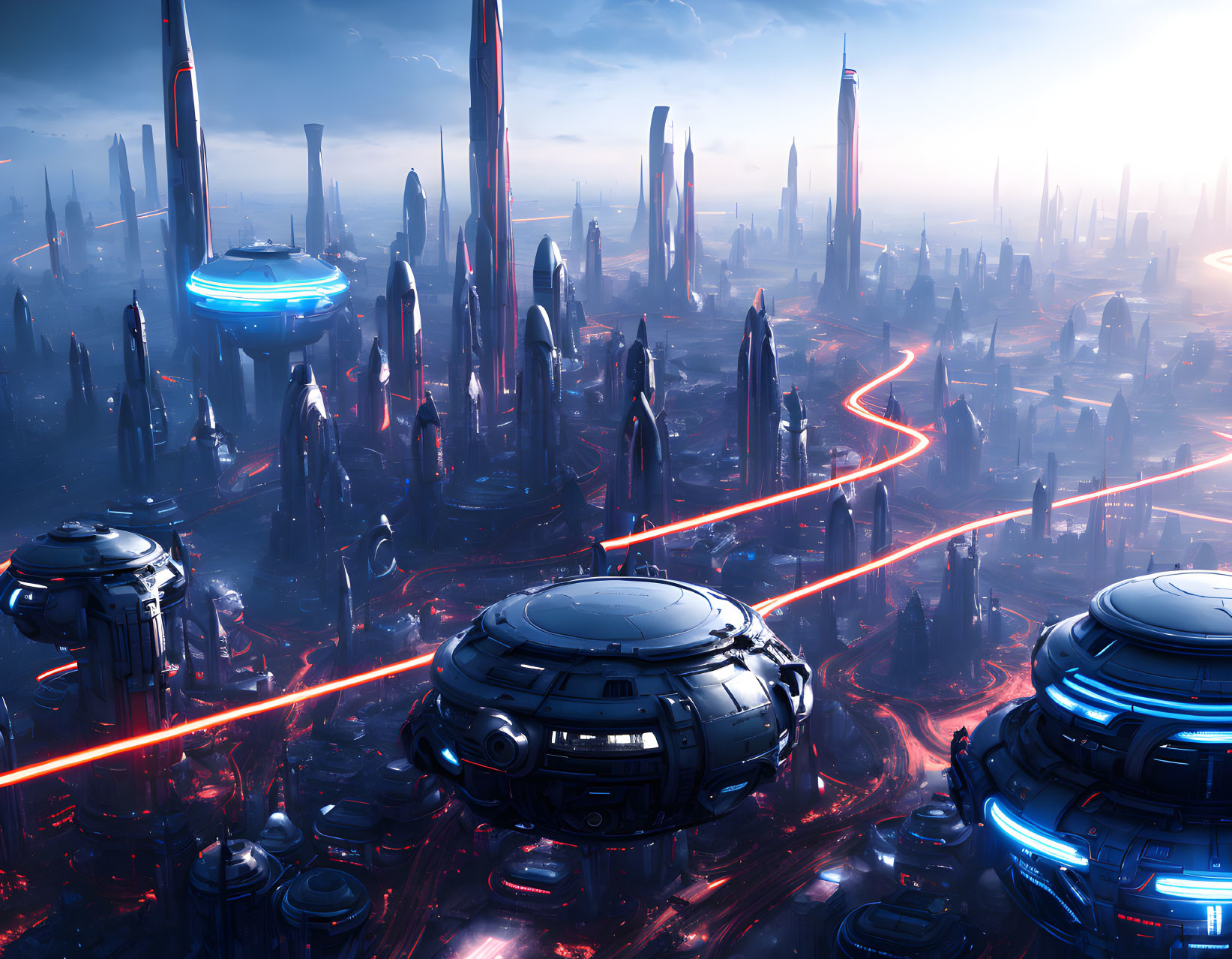 Futuristic cityscape with skyscrapers, neon lights, and flying vehicles