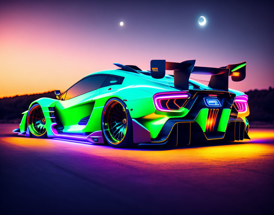 Vibrant sports car with neon underglow under twilight sky